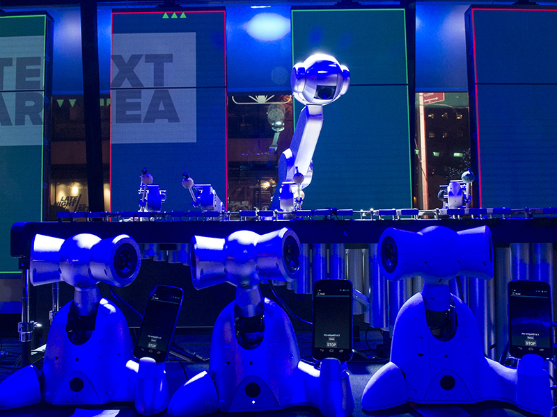 Robotic musicians performing with humans.